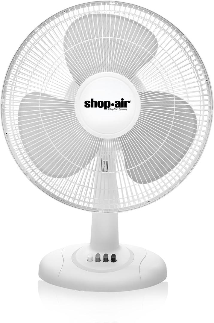Shop-Air 16" Oscillating Table Fan, 3 Speeds, High-Velocity, Quiet & Powerful Air Circulation, 70 Adjustable Head Tilt,Ideal for Home, Bedroom or Office, White