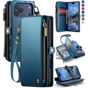 Defencase Compatible with iPhone 17 Pro Case Wallet with RFID Blocking Card Holder for Women Men, Fashion PU Leather Magnetic Snap Flip Zipper Strap Wallet Phone Case for iPhone 17 Pro 6.3", Dark Blue