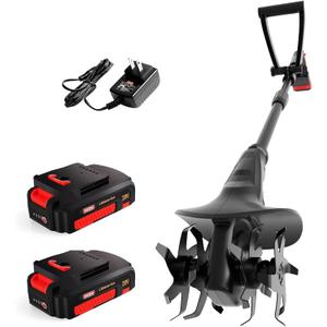 MZK 20V Cordless Tiller Cultivator with Steel Tines,8-inch Wide Battery Powered Garden Cultivator, 360RPM Electric Mini Tiller for Lawn/Gardening/Soil Cultivation(2 * 2AH Battery&Charger Included)