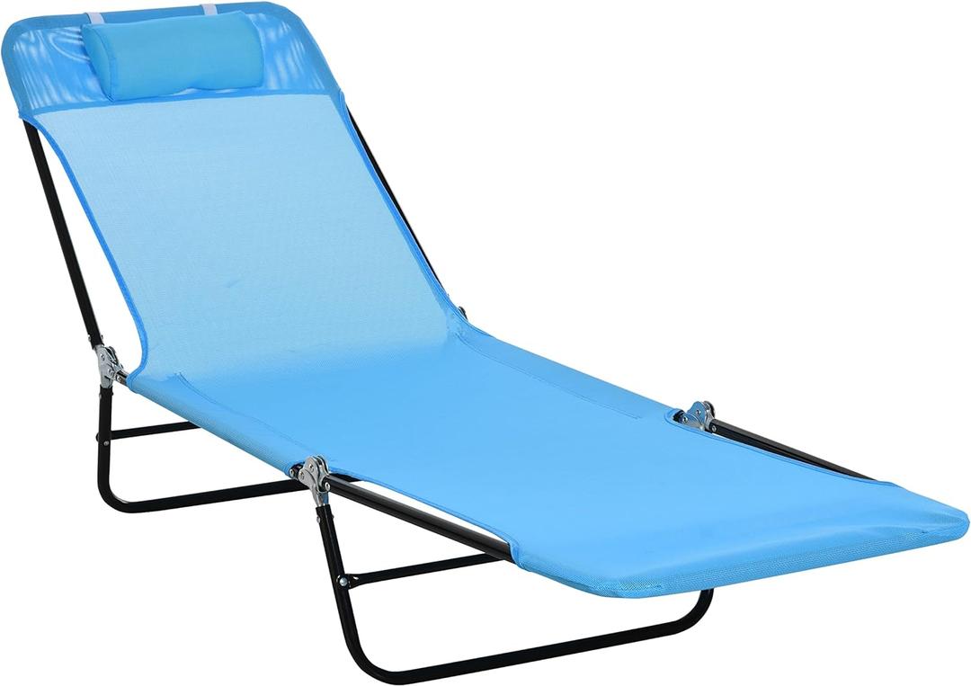 Outsunny Folding Chaise Lounge Chair, Pool Sun Tanning Chair, Outdoor Lounge Chair with Reclining Back, Breathable Mesh Seat, Headrest for Beach, Yard, Patio, Blue (1 Pack)