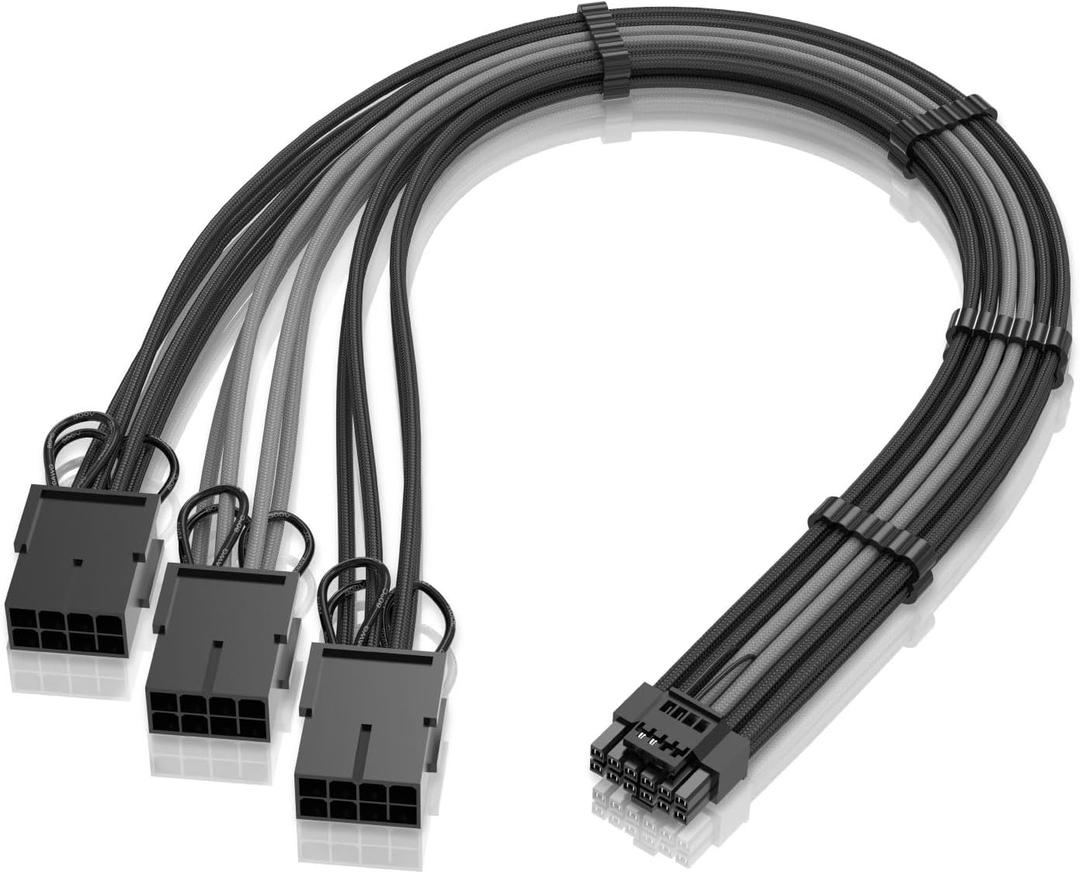 EZDIY-FAB GPU Power Sleeved Cable Extension, 16pin(12+4) 12VHPWR PCIe 5.0 Connector Male to 3X PCIE 8 PIN for RTX4070ti/ 4080/ 3090Ti, with Pre-installed Cable Combs-16AWG/Black Grey