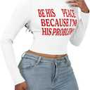 LovelyWholesale Women Graphic Long Sleeve Shirts Cute Going Out Fitted Crop Tops White R BE X(White, XL)