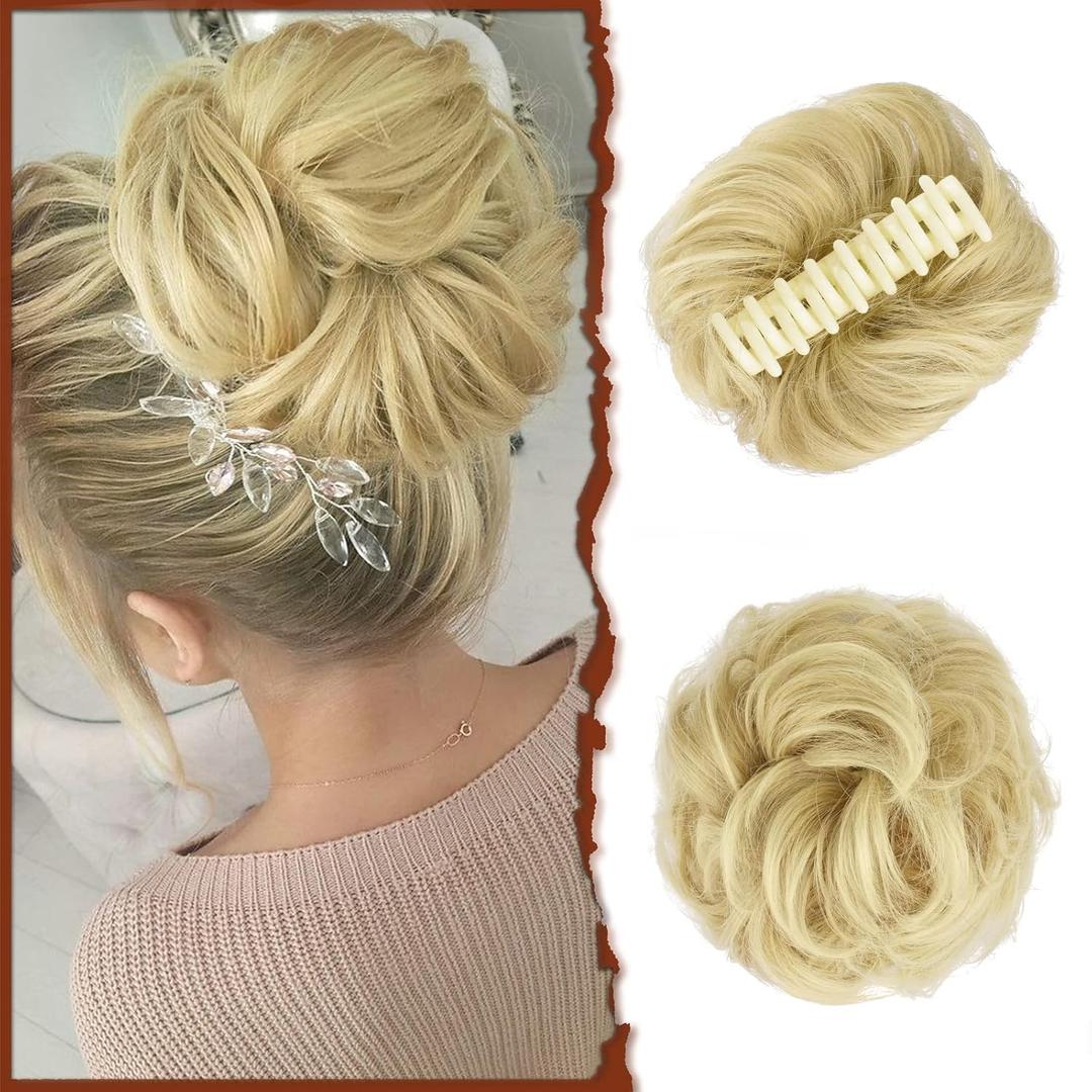 SOFEIYAN Claw Clip Messy Bun Hair Piece Wavy Curly Hair Bun Clip in Claw Chignon Ponytail Hairpieces Synthetic Tousled Updo Hair Extensions Scrunchie Hairpiece for Women (Golden/Bleach Blonde Mix)