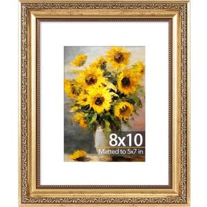 JCJMY 8x10 Vintage Picture Frame with 5x7 Mat, Elegant Retro 8 by 10 Photo Frame with Shatter-Resistant Plexiglass for Wall or Tabletop Display, Gallery Decor & Gift, Gold, 1 Pack