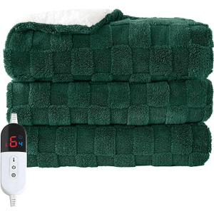 Electric Heated Throw Blanket - Jacquard Checkered Sherpa 50"x60" Fast Heating Bed Blankets with 6 Heating Levels & 4 Hours Auto Off, Over-Heat Protection ETL, Dark Green