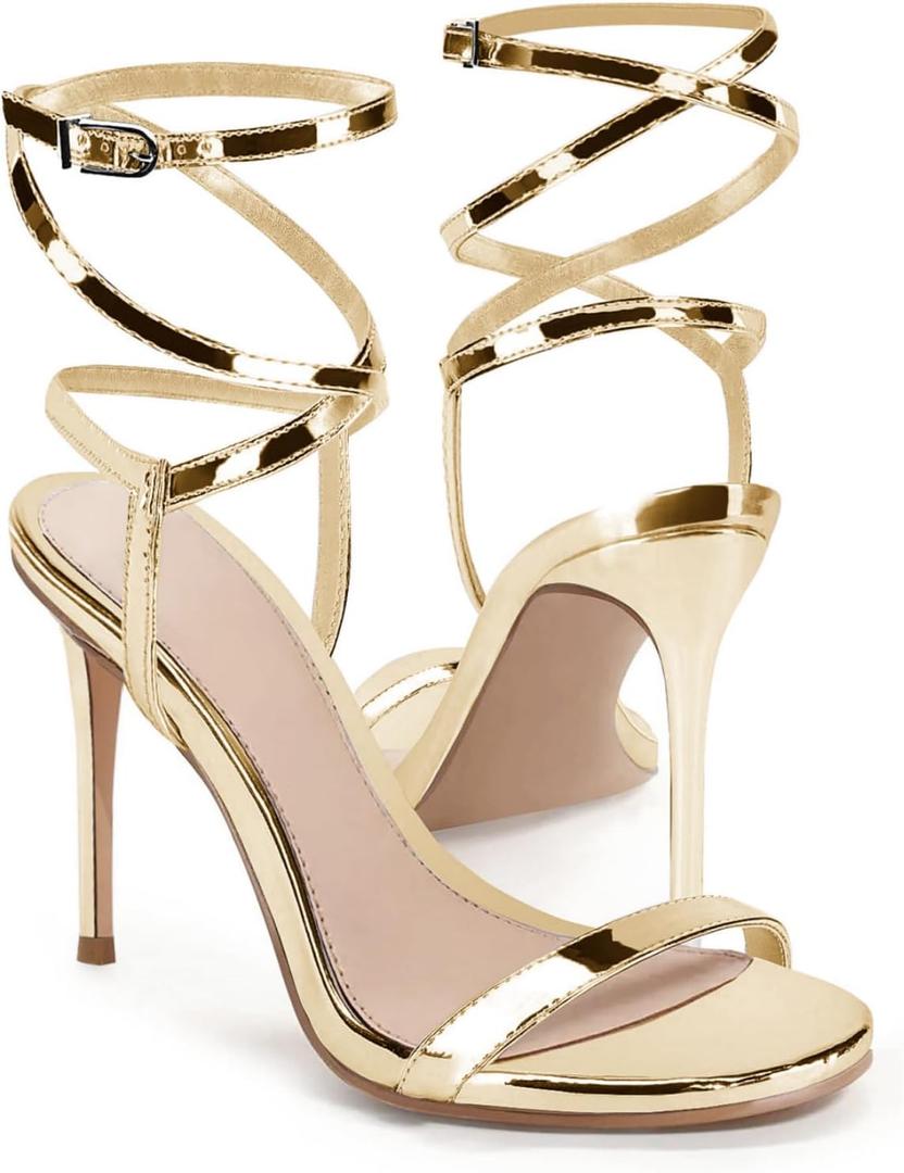 Coutgo Womens Strappy Lace up Heels Sandals Sexy High Heeled Ankle Strap Summer Dress Shoes (7.5, Gold)