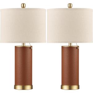 KDG 23.4" Brown PU Leather Table Lamp for Living Room Set of 1, 3 Level Brightness LED Modern Home Decor Fabric Lampshade Desk Lamp Lighitng for Bedroom, Bedside, Farmhouse, Nightstand, Night Light