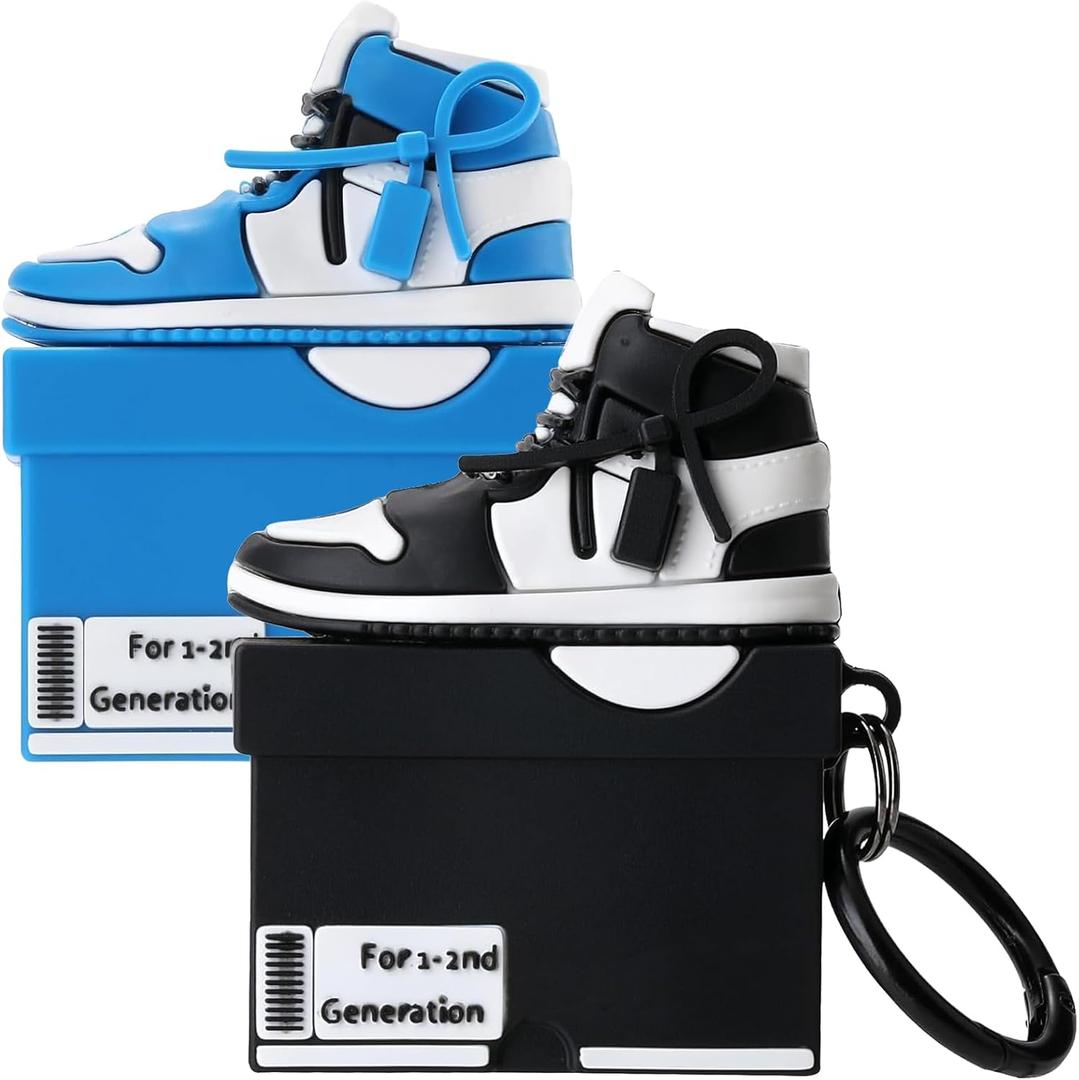 [2Pack] Gedicht for Apple Airpods 2nd Generation Case Cover, Cute Cartoon Shoe Box Soft Silicone Protective Cases for AirPods 1&2 Case with Keychain for Women Men, Blue+Black