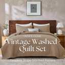 DOWN HOME Queen Quilt Bedding Set with Shams, Vintage Washed Soft Quilted Blanket Thin Comforter Lightweight Bedspread Coverlet Bed Cover, Brushed Microfiber Stripe Stitching, Brown, 86"x90"