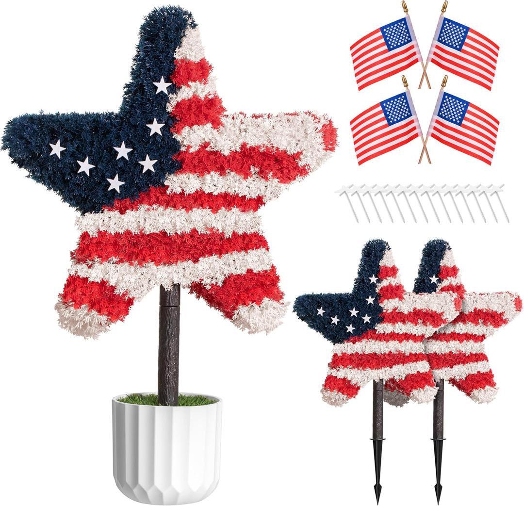 Chillchard 2 Pack Star Topiary Trees Artificial Outdoor with Pot & Sipke, 25.6 Inch Red White Blue Patriotic Topiary for Front Porch, Patriotic Decorations for 4th of July, Memorial Day