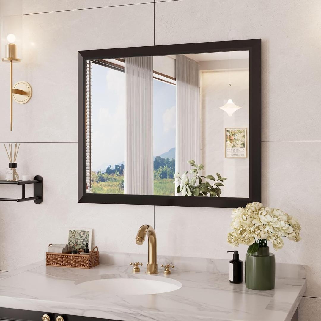 Bathroom Mirror Black, 30x36 Inch | Thick Metal Framed, HD Reflection, Anti-Rust, Hang Horizontally/Vertically, Suitable for Vanity, Bedroom, Bathroom, Entryway