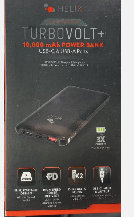 Helix TurboVolt+ 10000 mAh Power Bank - USB-A and USB-C Ports - Black