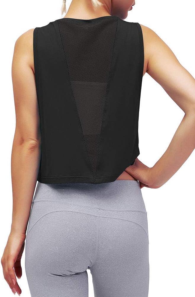 Mippo Womens Mesh Back Workout Crop Tops Loose Fit Gym Running Tank Tops (XS)