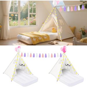PLULON 2 Pack Teepee Tent for Kids Girl Slumber Party Tent Bulk Kids Sleepover with Inflatable Airbed and Decor Play White Indoor Teepee for Girls Boys