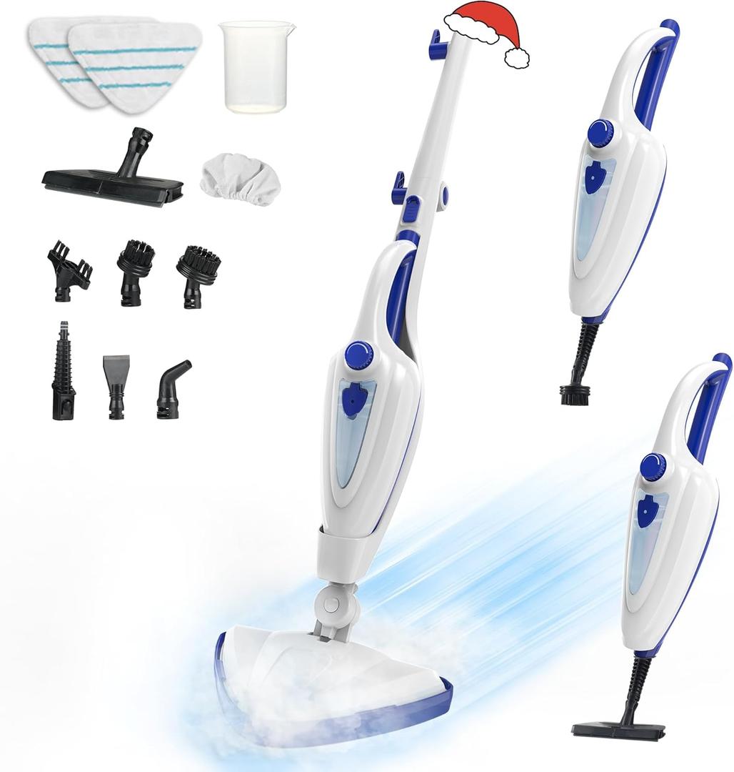 12-in-1 Steam Mop, Fast 15-Sec Heat-Up, 1500W Detachable Handheld Steam Cleaner with 2 Dirt Grip Pads, Removes 99.99% Stubborn Stains for Hardwood Floors, Clothes, Windows, Tiles, Furniture, White