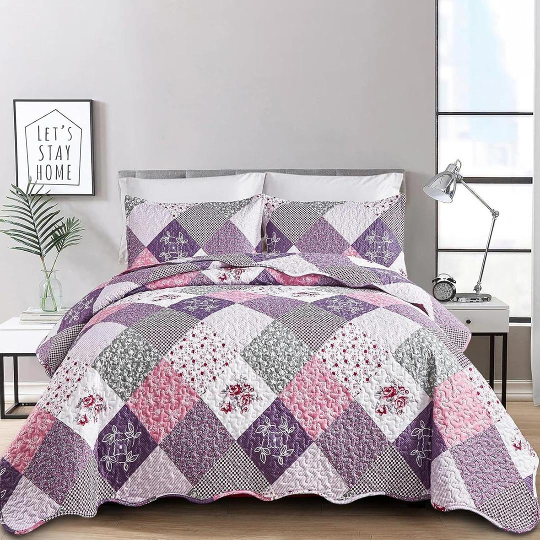 Dinjoy Purple Quilt Set King Size, Reversible Floral Plaid Patchwork Pattern Bedding Set Soft Microfiber Lightweight Bedspread Coverlet 3 Piece Spring Summer Use (104x90 inches)