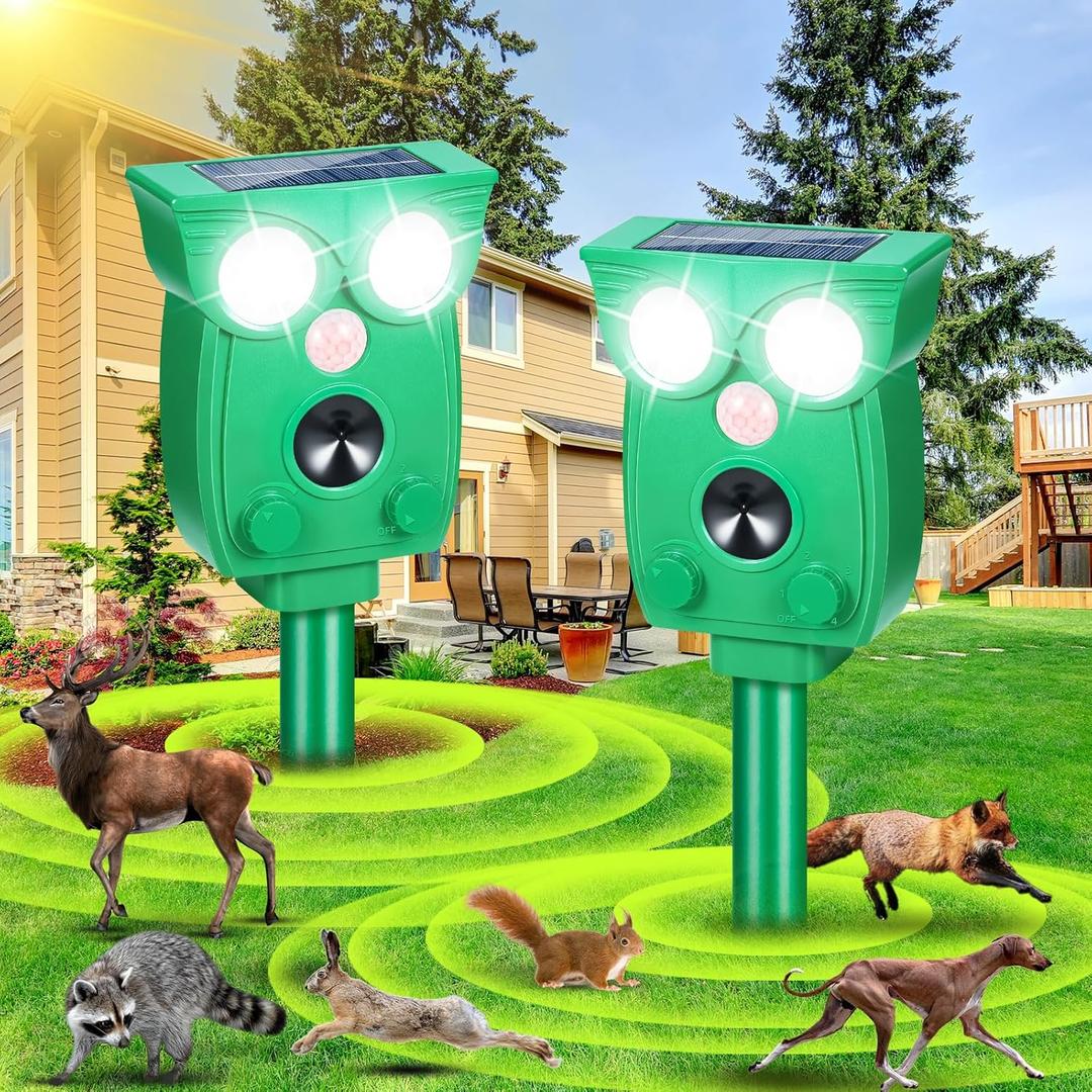 2Pack Solar Ultrasonic Animal Repellent, Cat Repellent Outdoor Squirrel Deterrent with Motion Detection Flash Light, Skunk Repeller Suitable for Deer Rabbit Raccoon Coyote, Dog Repellent of Yard