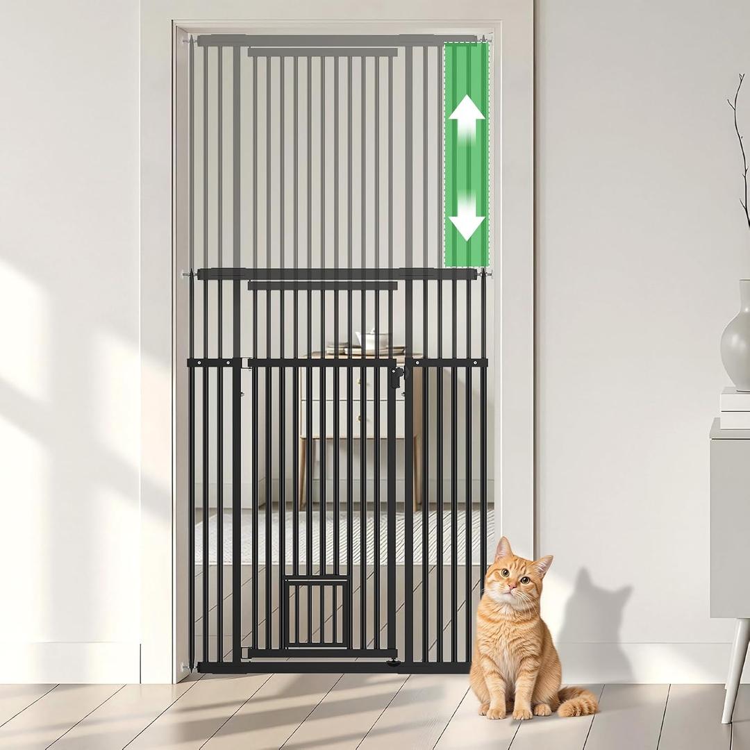 54"-87" Height Adjustable Extra Tall Cat Gate for Doorway, 27.1"-42" Extra Wide Pet Gate with Cat Door & Extension Kits, Pressure Mounted Dog Cat Barrier for Indoor Stairs, Studio, Kitchen (Black)