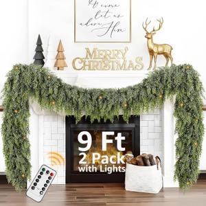 Cedar Christmas Garland for Mantle - 2 Pack with Lights Decorations 9ft Realistic Lighted Faux Pine Garlands for Xmas Home Decoration Outdoor Indoor Stairs Railing Fireplace Prelit Garland Door Decor