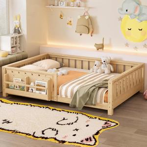 Bellemave Light Natural Montessori Floor Bed with Fence and Slats, Full Size Montessori Floor Bed with Bookcase and High Rails, Easy Assemble Bed Frame for Girls, Boys, Full
