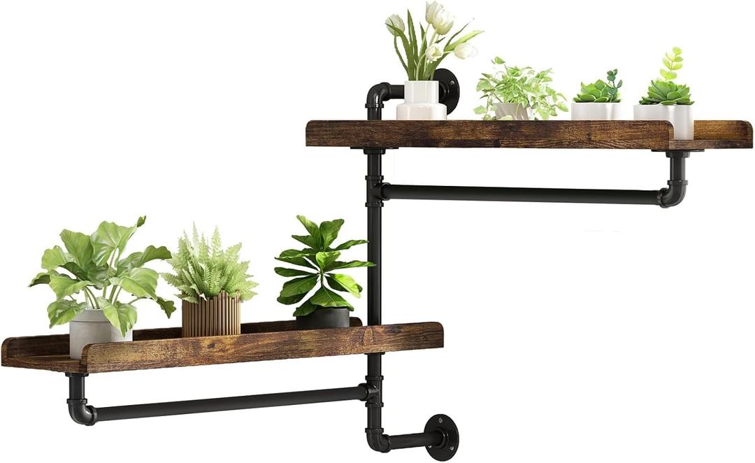 Rotating Floating Shelves for Wall w Powerful Storage,Farm-Style Window Plant Shelves w Industrial Pipe,Strong Load-Bearing,Plant Shelf Made of Waterproof Wood for Home Decor & Plant Pots,2 Layer