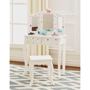 UTEX Kids Vanity Table and Chair Vanity Set with Mirror Makeup Dressing Table with Drawer, Play Vanity Set,White