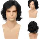Mens Black Wig Short Layered Curly Wavy Male Wig Synthetic Hair Wigs Heat Resistant Cosplay Halloween Party with Wig Cap