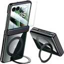 Clear Case for Motorola Razr Ultra 2025 with Magnetic Rotating Ring Kickstand & Screen Protector and Hinge Protection, Transparent Plating Wireless Charging Case for Motorola Razr Ultra 2025(Black)