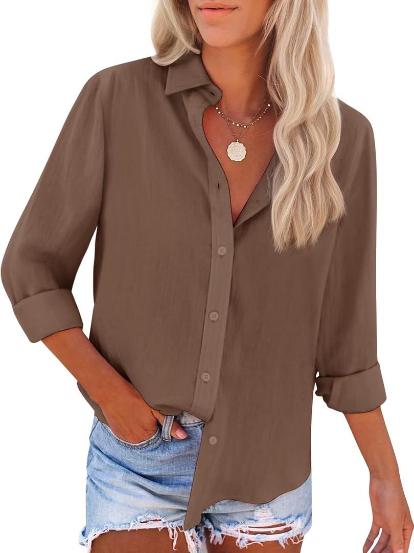 siliteelon Womens Oxford Button Down Shirt Long Sleeve Cotton Dress Shirt Collared Blouse Business Casual Work Tops (Small, Brown)