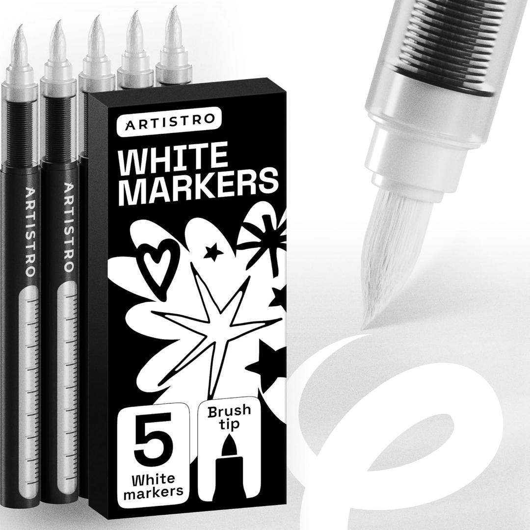 ARTISTRO 5 White Paint Pen for Rock, Glass, Ceramic, Wood, Tire, Fabric, Metal, Canvas, Marking, Painting - Set of 5 Acrylic Paint Markers Water-based - Brush Tip with Automatic Ink Control System