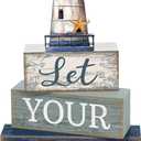 Lineshading 4 Pcs Beach Coastal Table Decor Wooden Lighthouse Decoration with Starfish Summer Tiered Tray Decor Blue and White Ocean Centerpieces Rustic Beach House Nautical Decorations for Home Shelf