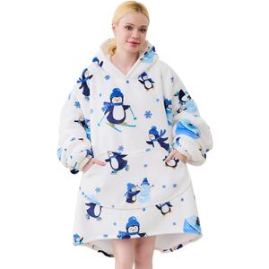 Moinlizy Blanket Hoodie Oversized Wearable Hooded Blanket for Adult Women and Men with Pocket Thick Sherpa Hoodie (White Penguin)