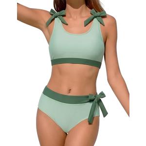 Girls Swimsuit Bikini Set Color Block 2 Piece Teen Bathing Suits Adjustable Straps Girls' Swimwear Size 12-14Y Green