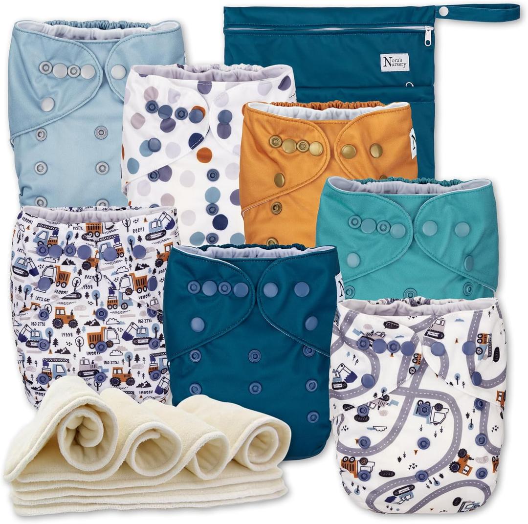 Nora's Nursery Cloth Diapers 7 Pack with 7 Inserts & 1 Wet Bag - Waterproof Cover, Washable, Reusable & One Size Adjustable Pocket Diapers for Newborns and Toddlers - Mighty Trucks