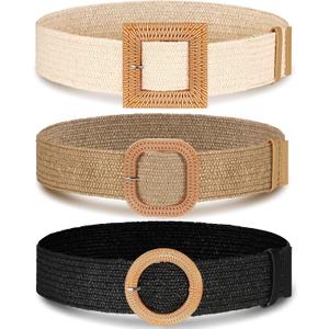Syhood 3 Pieces Straw Woven Elastic Waist Belt for Women Bohemian Dress Braided Belt (Fit Waist Size Below 40'', Black, Khaki, Beige)