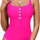 BMJL Women's One Piece Swimsuits Button Adjustable Strap Bathing Suit Color Block Retro Swimwear (Large, Hot Pink066)