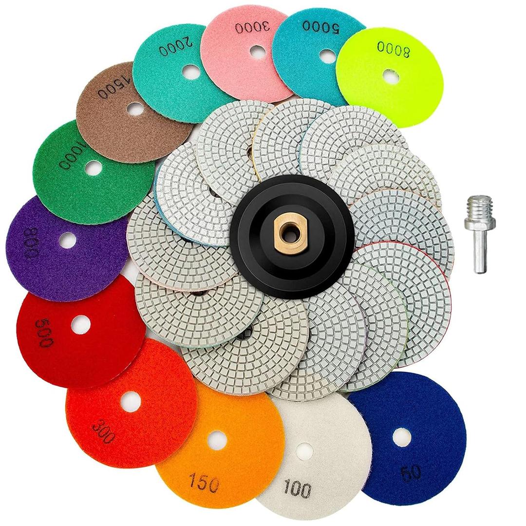13 Packs 4 Inch Diamond Polishing Pads with 5/8-11 Backer Pad 12PCS Wet/Dry Polish Pad Kit for Drill Grinder Polisher 50-8000 Grit Pads for Granite Marble Concrete Stone Countertop Quartz Polishing