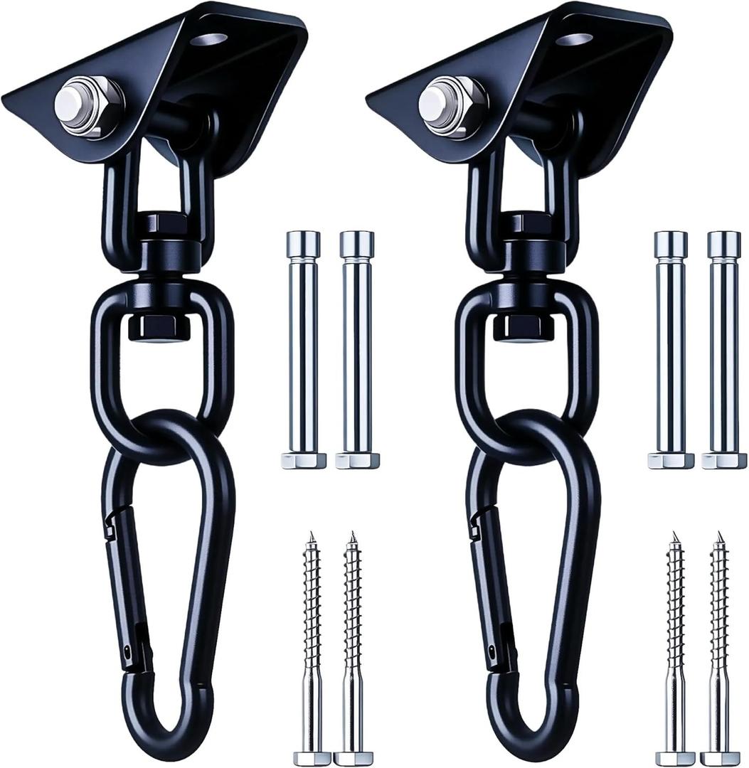 Hammock Hanging Kit, 360 Rotating Heavy Duty Swing Chair Hook 1200 lbs Capacity, Ceiling Mount Hammock Chair Hardware with Carabiner for Indoor Outdoor Yoga, Tree, Porch, Seat, Home Gym (2PCS, Black)