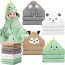 12 PCS Baby Bath Towels Set for Infants Toddlers, 4 PCS Animal Hooded Baby Towels & 8 PCS Washcloths Set, Ultra Absorbent Cute Soft Newborn Bath Essentials Gifts for Boys & Girls (Green, Grey, Brown, White)