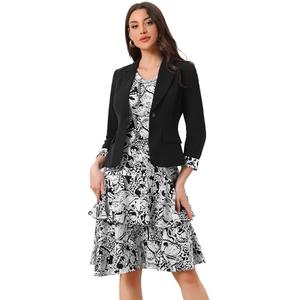 Allegra K Women's Suits 1 Piece Dress Set V Neck Floral Print Sleeveless Dress X-Large Black White