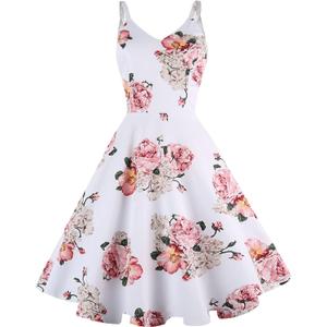 GOOBGS Women's 1950s Retro Vintage Spaghetti Strap Cocktail Swing Dresses with Pockets White Pink Flower XL