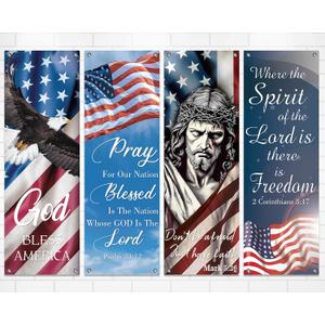 4Pcs Independence Day Church Banners for Sanctuary Wall 250 Anniversary USA 4th of July Religious Hanging Backdrop Church Banner with Scripture Worship Bible Verses for Patriotic Holiday Decor