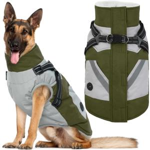 IECOii Dog Coat for Large Dogs Waterproof Dog Winter Jacket with Harness Built in, Green - XXLarge, Thermal Warm Fleece Lined, Reflective Dogs Jackets for Cold Weather Camping, Hiking, Pitbull