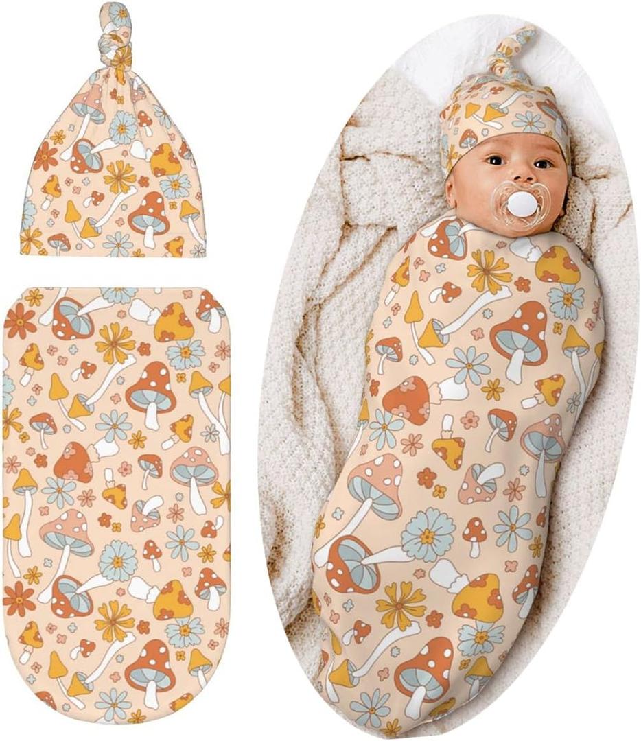 Cute Mushroom Swaddle Blanket Hat Set for Boys Girls, Soft Floral Newborn Sleeping Sack Receiving Blanket Shower Gift (One Size)
