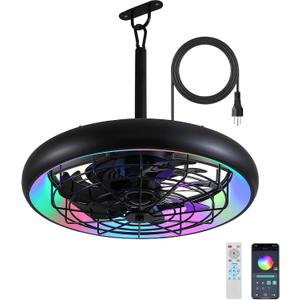 Netin 20" Outdoor Ceiling Fan with Lights,RGB & 3CCT Dimmable,6 Speed Hanging Gazebo Fan,IP65 Waterproof Plug-in Black Caged Ceiling Fan with Remote/App Control for Patio,Porch,Pergola(Matte Black)