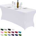 CWK 4FT Waterproof Stretch Spandex Table Cover for Rectangular Tables - Elastic Fitted Tablecloth for Folding Tables,Wrinkle Resistant Table Cloth for Parties, Weddings, Banquets & Events (White)