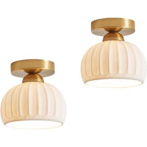 2 Pack Ceramic Gold Semi Flush Mount Ceiling Light Vintage Hallway Light Fixtures, Modern Small Ceiling Mount Light Lamp for Hall Kitchen Entryway Passway Porch Foyer