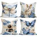 French Country Vintage Rabbit Bunny Pillow Covers 18x18 Set of 4, Rustic Classical Cottagecore Bee Blue Butterfly Decorative Throw Pillow Covers, Floral Pillowcases for Couch Sofa Living Room Decor