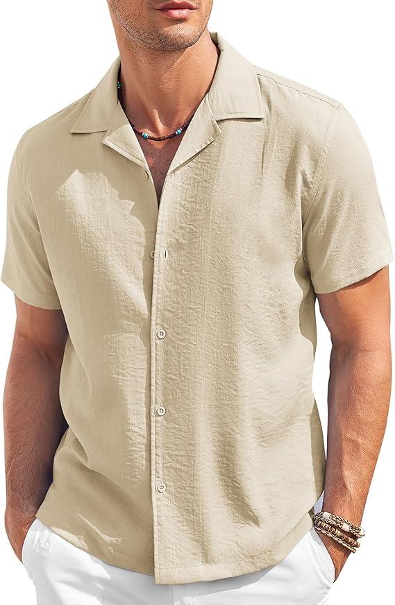 COOFANDY Men's Casual Button Down Shirt Short Sleeve Textured Summer Cuban Beach Shirts, Medium
