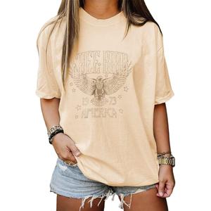 Vintage Rock Band Tshirts Women Retro Free Bird Western Graphic Tees Country Music Shirts Casual Short Sleeve Tops (Medium, Apricot-104)